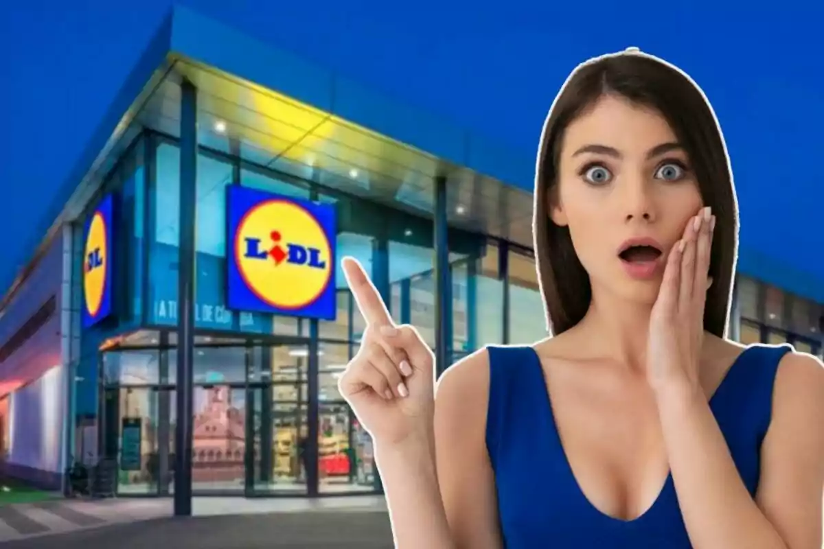 Mujer sorprendida señalando un supermercado Lidl.