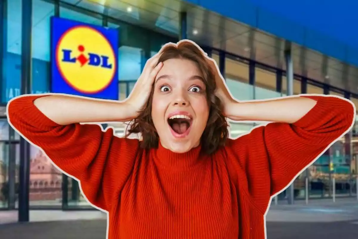 Una persona con expresión de sorpresa y emoción frente a una tienda de Lidl.