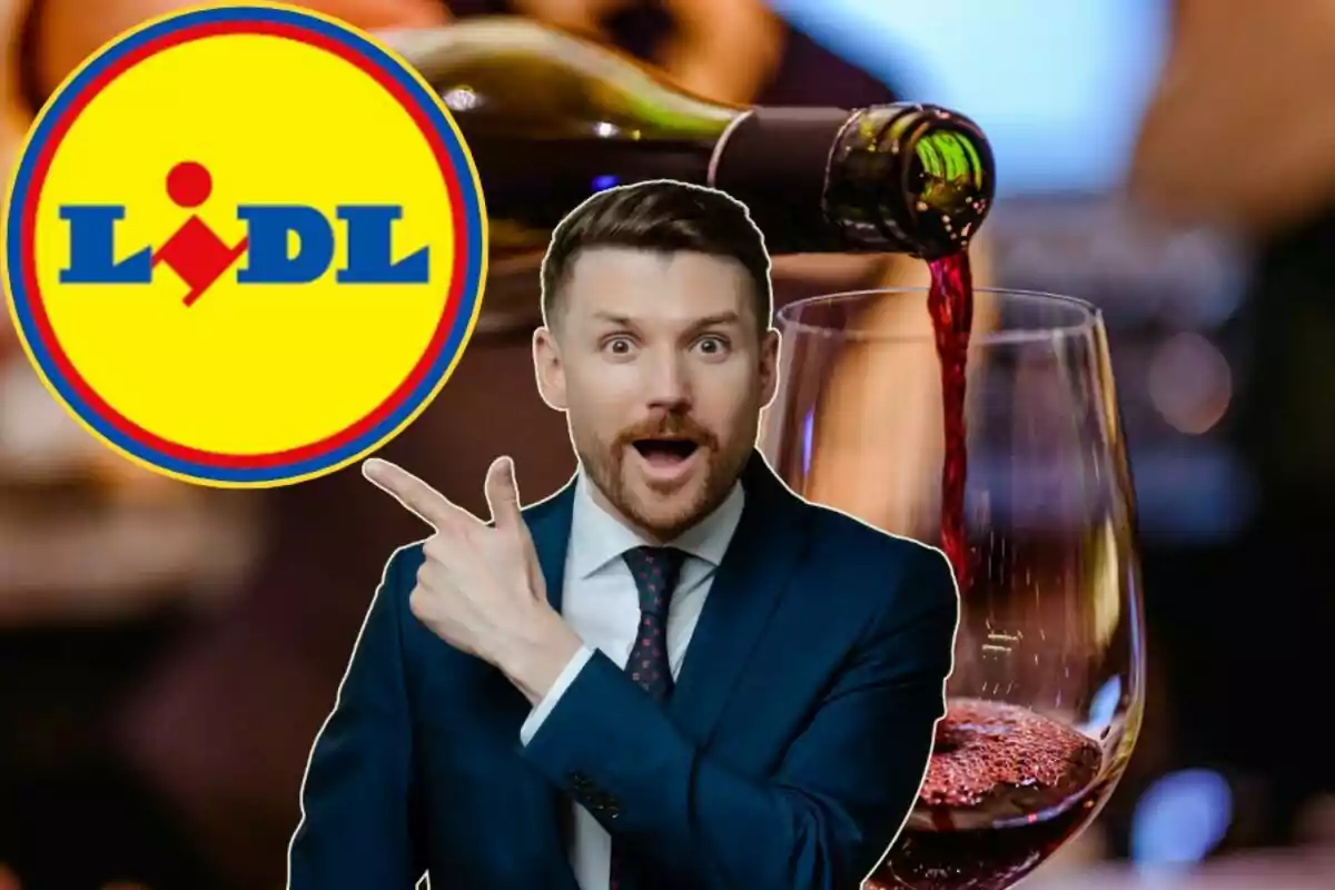 Un hombre en traje señala sorprendido hacia el logotipo de Lidl mientras se vierte vino tinto en una copa.