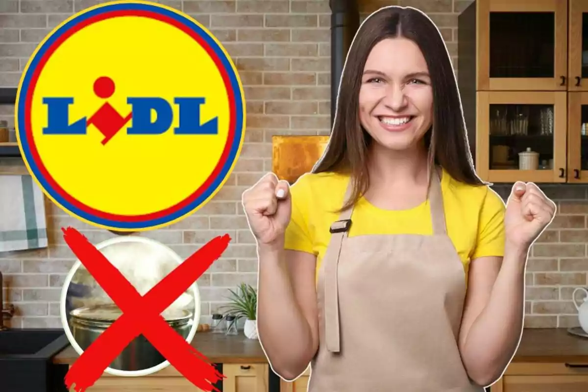 Una persona sonriente con delantal en una cocina junto al logo de Lidl y un símbolo de prohibición sobre una olla.