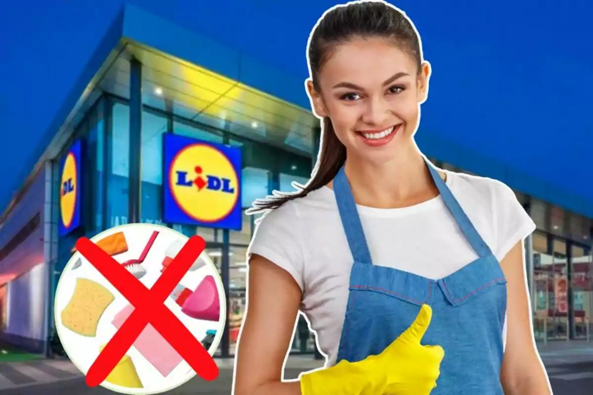 Una mujer sonriente con delantal y guantes amarillos frente a una tienda Lidl, con un símbolo de prohibición sobre productos de limpieza.