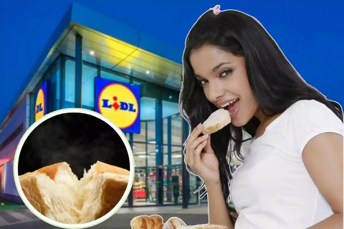 Mujer sonriendo mientras come pan frente a una tienda Lidl con un primer plano de pan fresco.