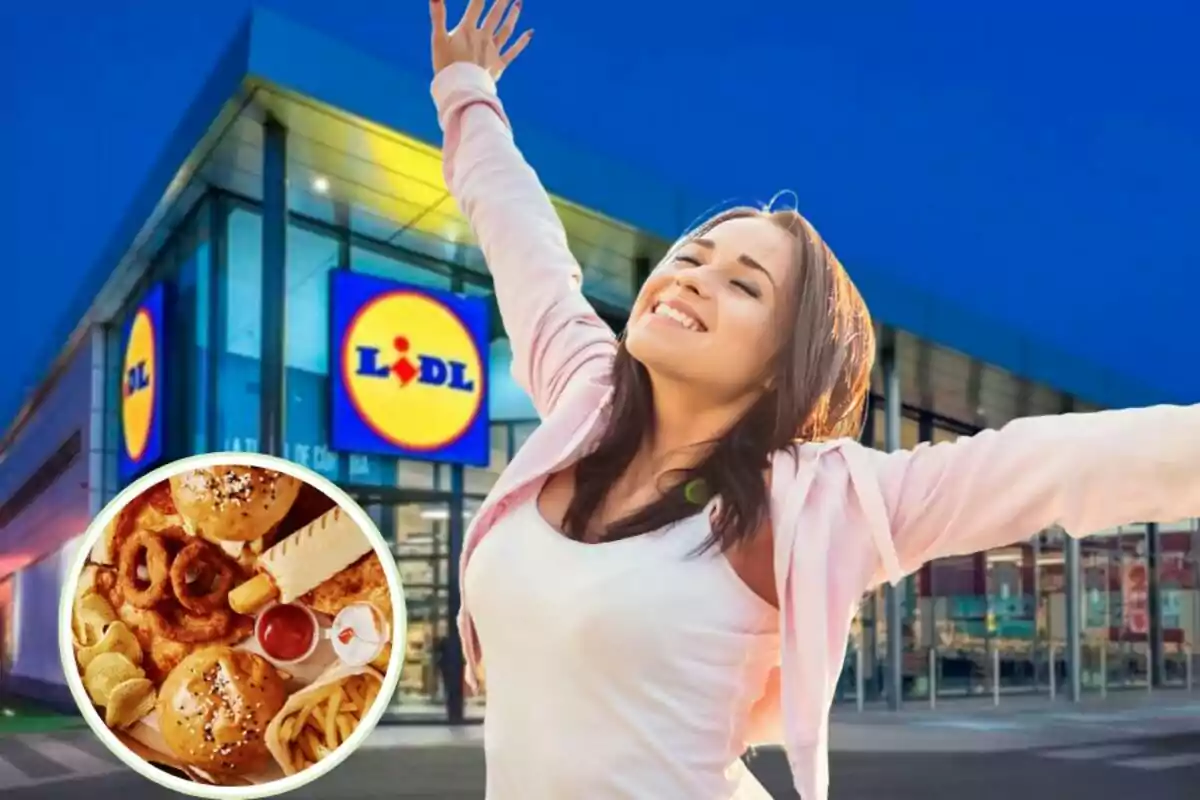 Una persona sonriente con los brazos extendidos frente a una tienda Lidl, con una imagen circular de comida rápida en la esquina inferior izquierda.