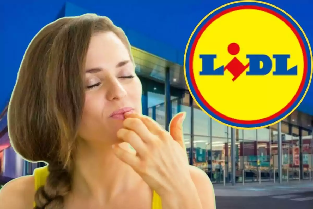 Mujer disfrutando de algo sabroso frente a una tienda con el logo de Lidl.