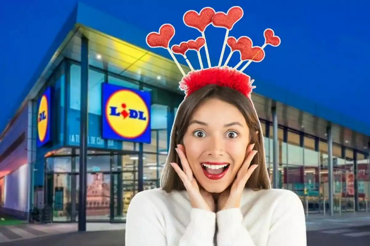 Una persona sonriente con una diadema de corazones frente a una tienda Lidl.