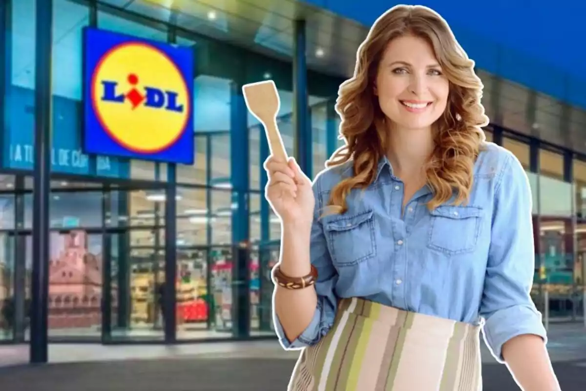 Una mujer sonriente sostiene una espátula frente a una tienda Lidl.