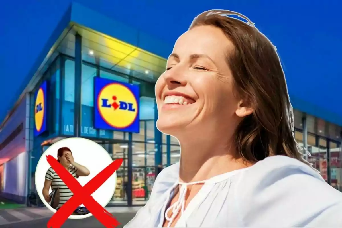 Mujer sonriendo frente a una tienda Lidl con un símbolo de prohibición sobre una persona frustrada.