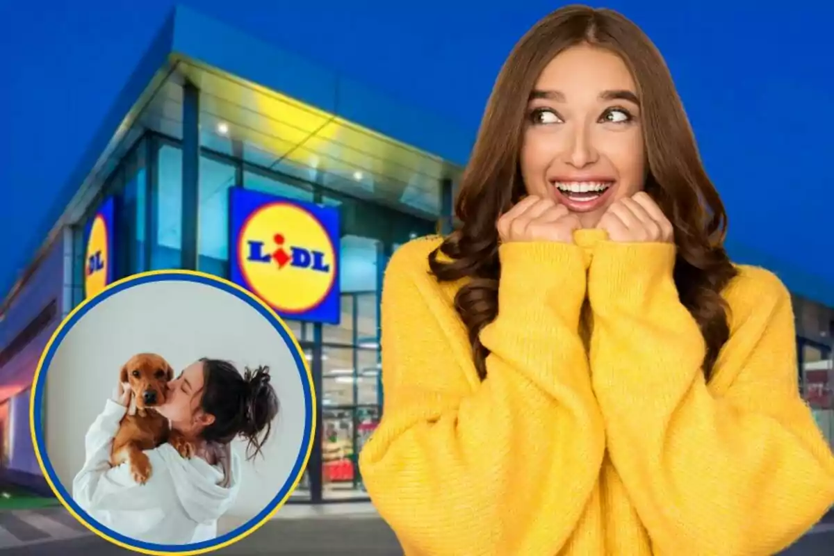 Una mujer sonriente con un suéter amarillo frente a una tienda Lidl, con un recuadro que muestra a otra persona abrazando a un perro.