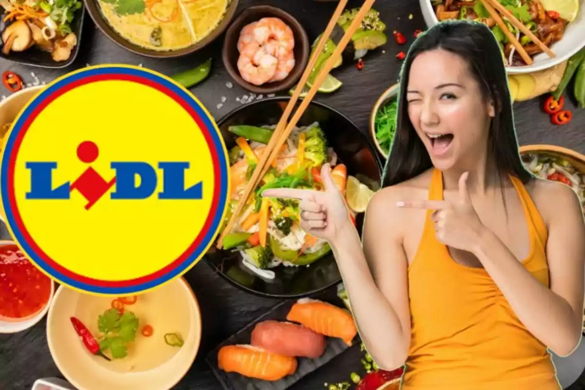 Una mujer sonriente señala el logotipo de Lidl mientras está rodeada de platos de comida asiática.