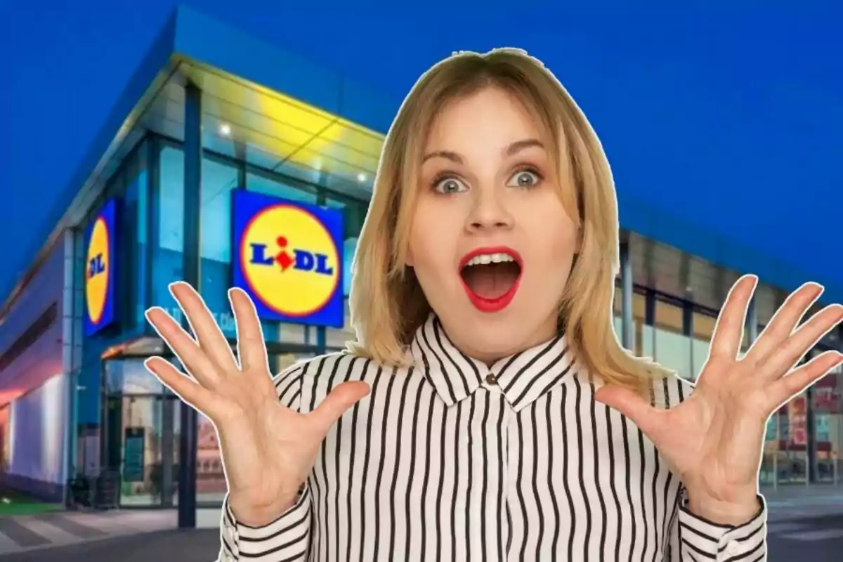 Mujer sorprendida frente a una tienda de Lidl.