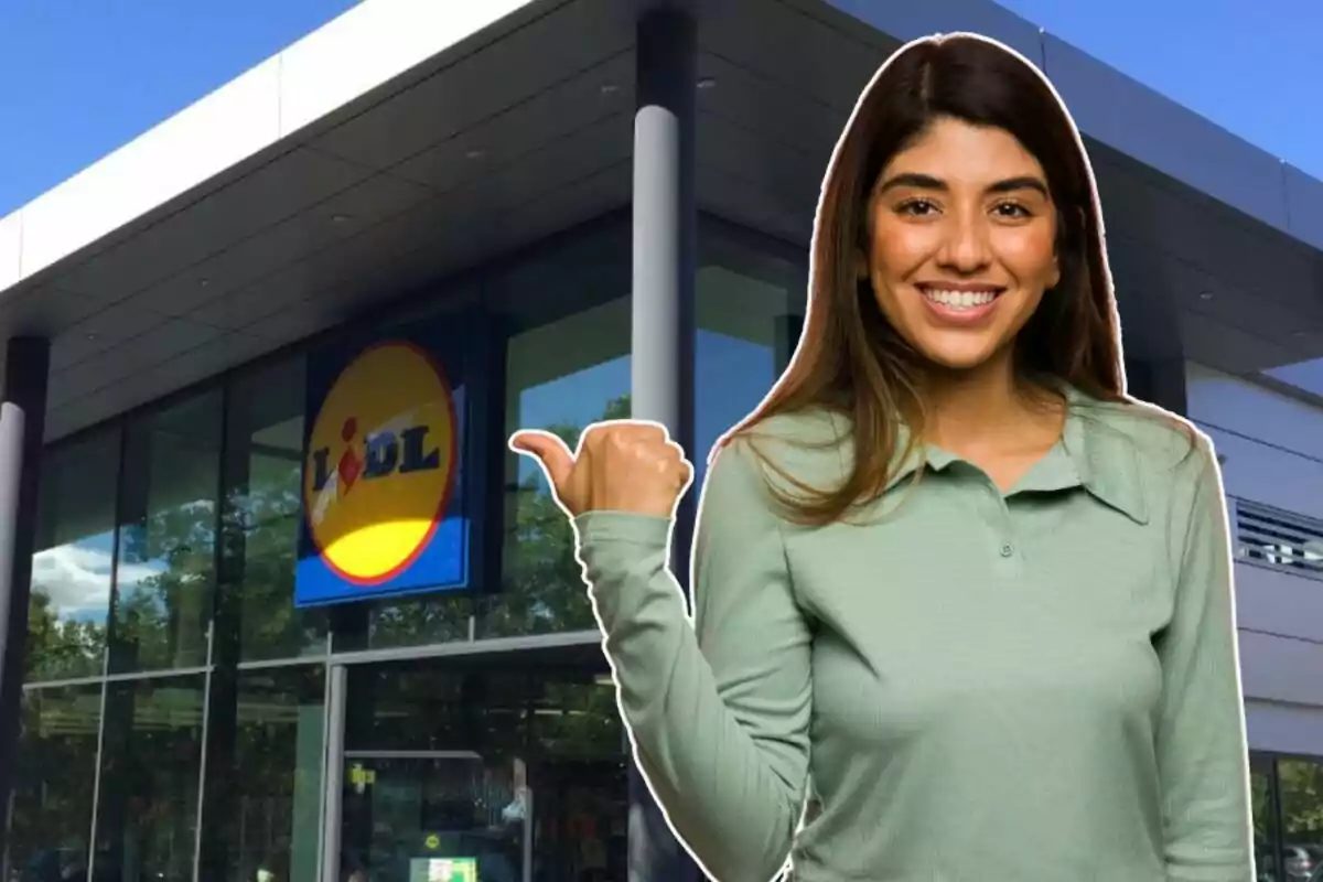 Mujer sonriendo y señalando la entrada de un supermercado Lidl.