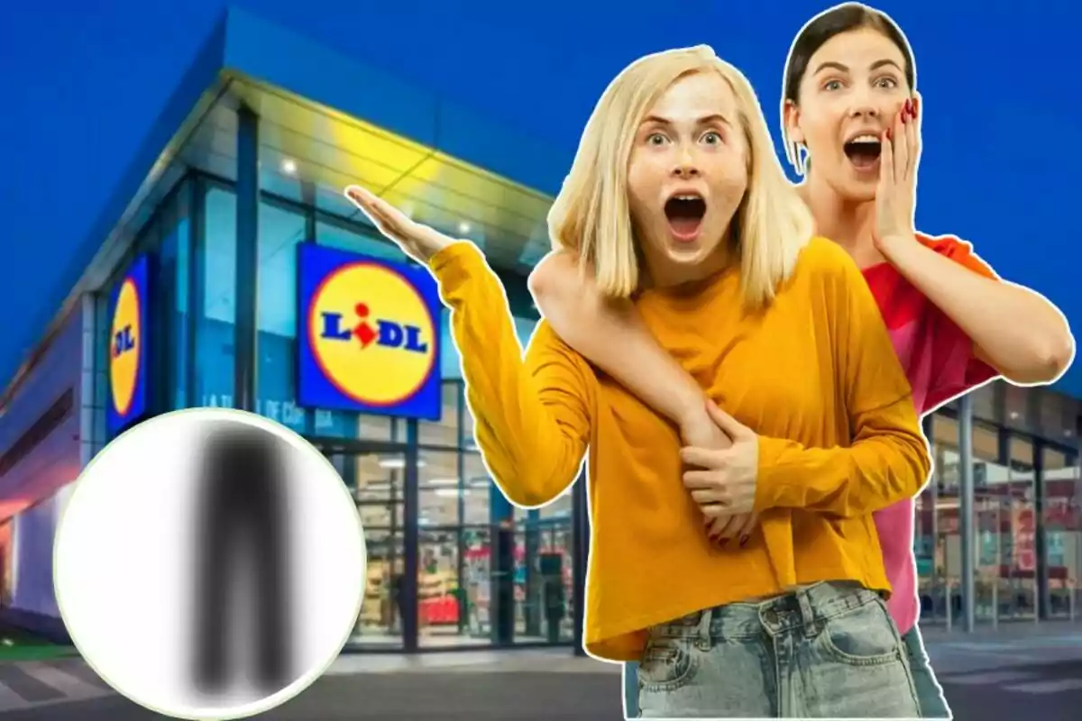 Dos personas sorprendidas frente a una tienda Lidl con un círculo borroso en la esquina inferior izquierda.