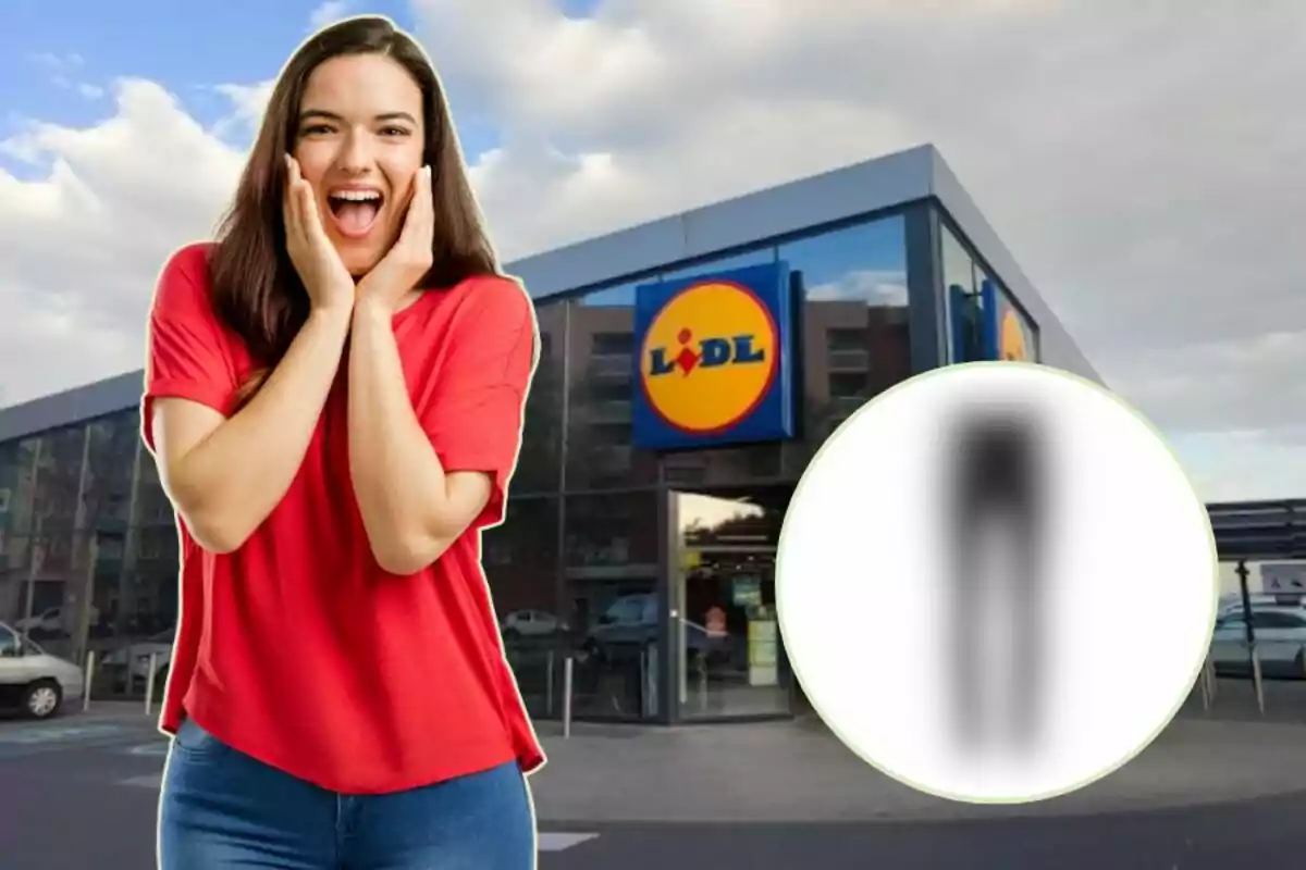 Una mujer sonriente con una camiseta roja está frente a una tienda Lidl, con un círculo borroso a la derecha.