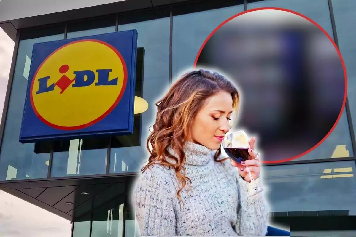 Una mujer disfrutando de una copa de vino frente a una tienda Lidl.