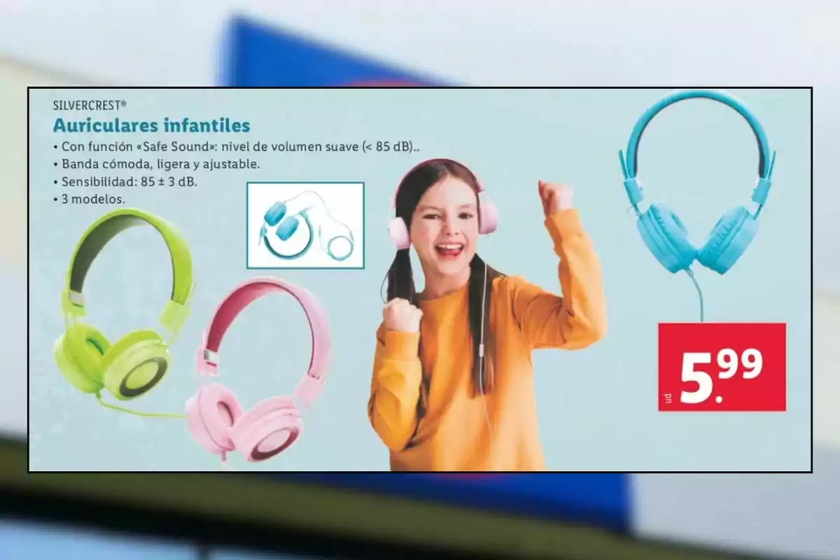 Publicidad de auriculares infantiles en colores verde, rosa y azul con una niña usando unos auriculares rosas y sonriendo, precio de 5.99 euros destacado en un recuadro rojo Publicidad de auriculares infantiles en colores verde, rosa y azul con una niña usando unos auriculares rosas y sonriendo, precio de 5.99 euros destacado en un recuadro rojo