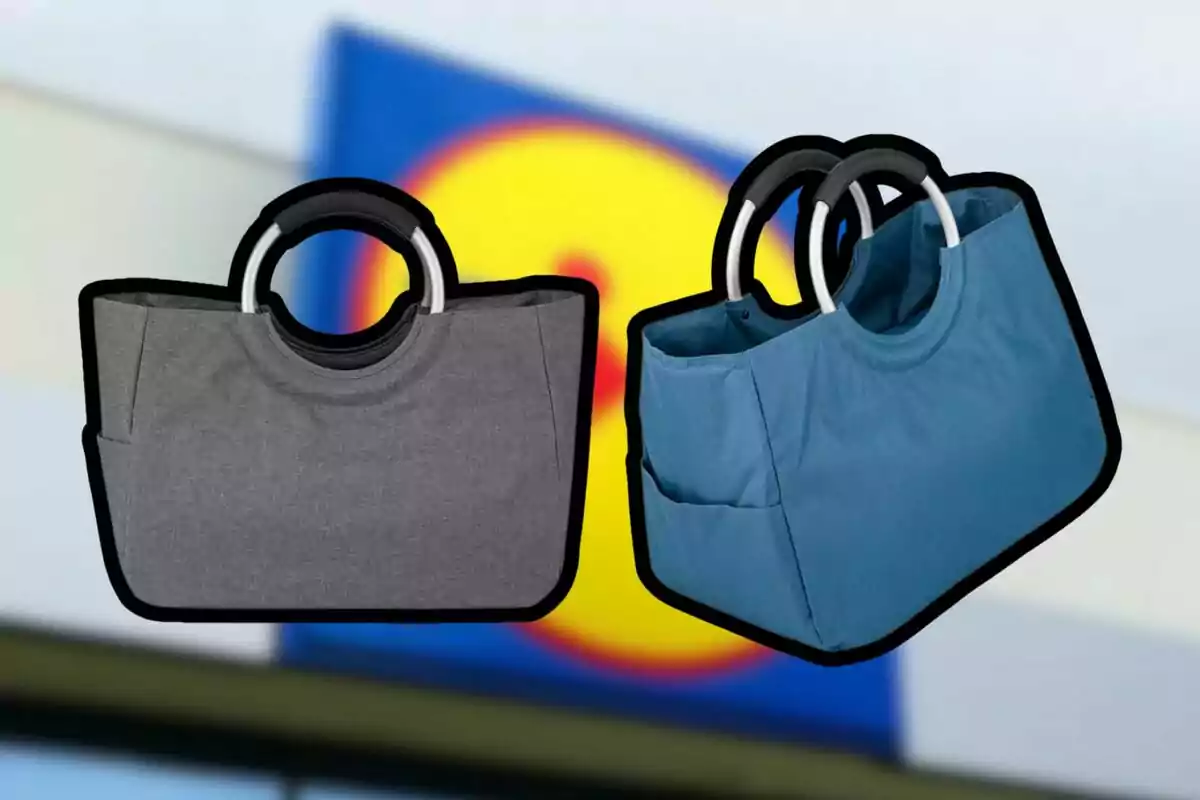 Dos bolsas reutilizables con asas redondas, una gris y una azul, sobre un fondo desenfocado de un letrero de supermercado. Dos bolsas reutilizables con asas redondas, una gris y una azul, sobre un fondo desenfocado de un letrero de supermercado.