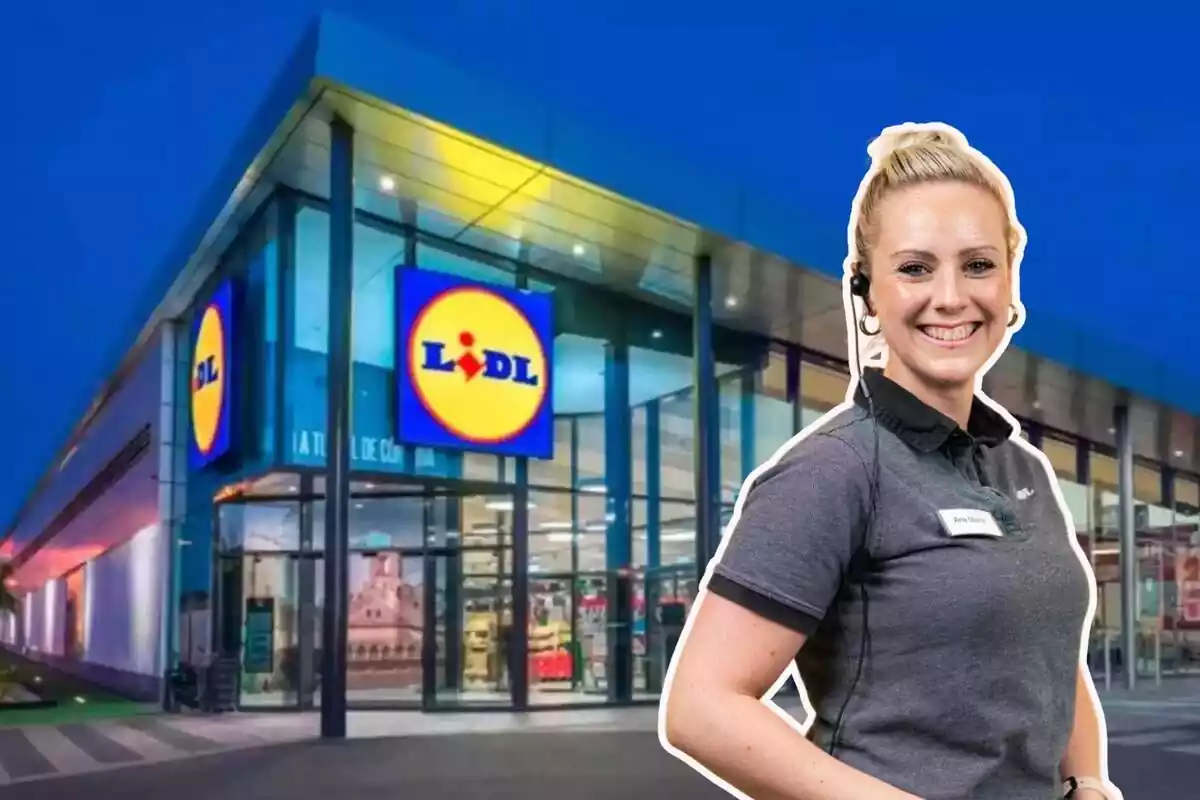 Trabajadora de Lidl ante un supermercado