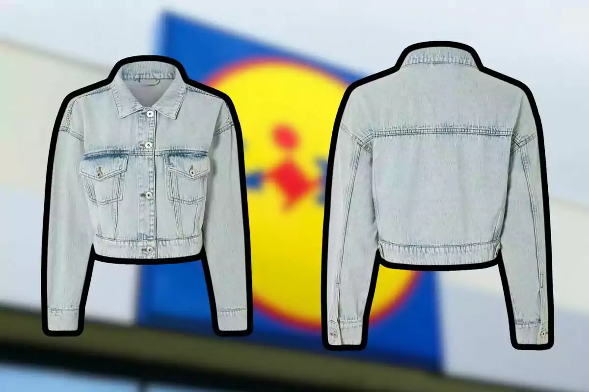 Chaqueta de mezclilla azul claro vista desde el frente y la espalda con un fondo desenfocado de un logotipo colorido. Chaqueta de mezclilla azul claro vista desde el frente y la espalda con un fondo desenfocado de un logotipo colorido.