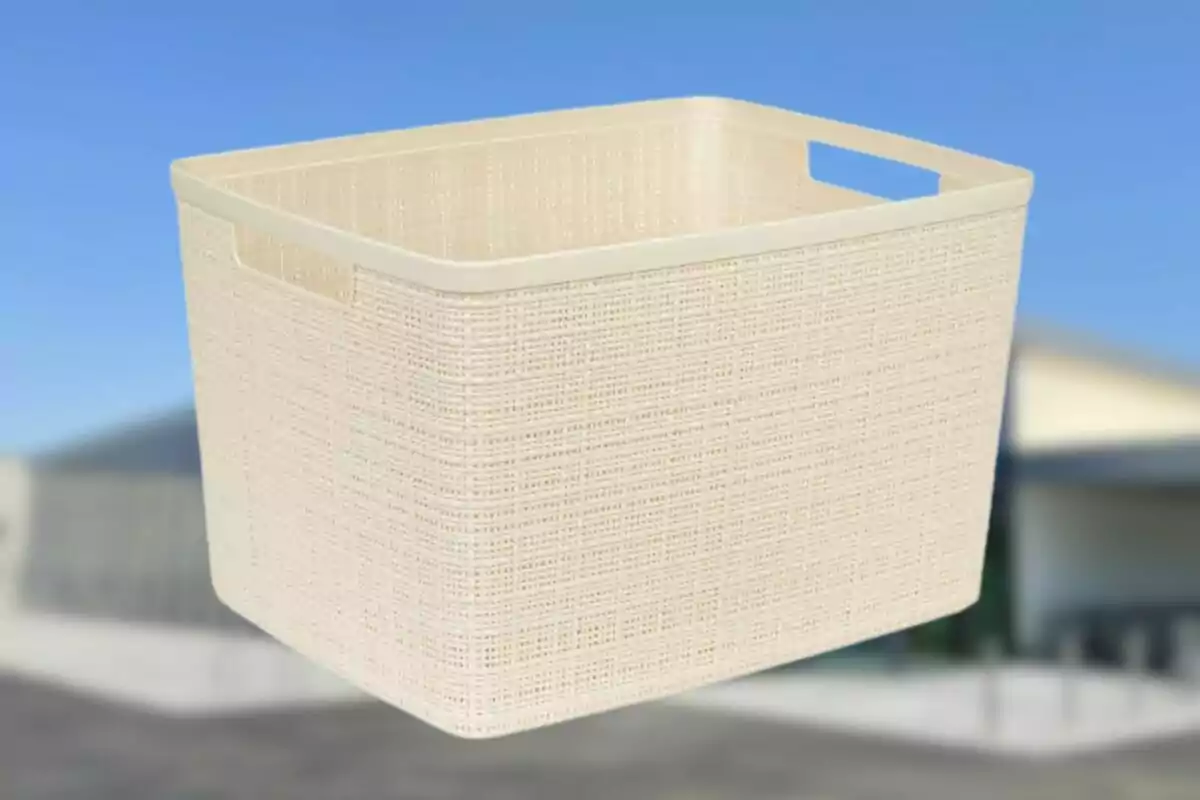 Cesta de almacenamiento de plástico beige con diseño de mimbre y asas integradas sobre un fondo desenfocado. Cesta de almacenamiento de plástico beige con diseño de mimbre y asas integradas sobre un fondo desenfocado.