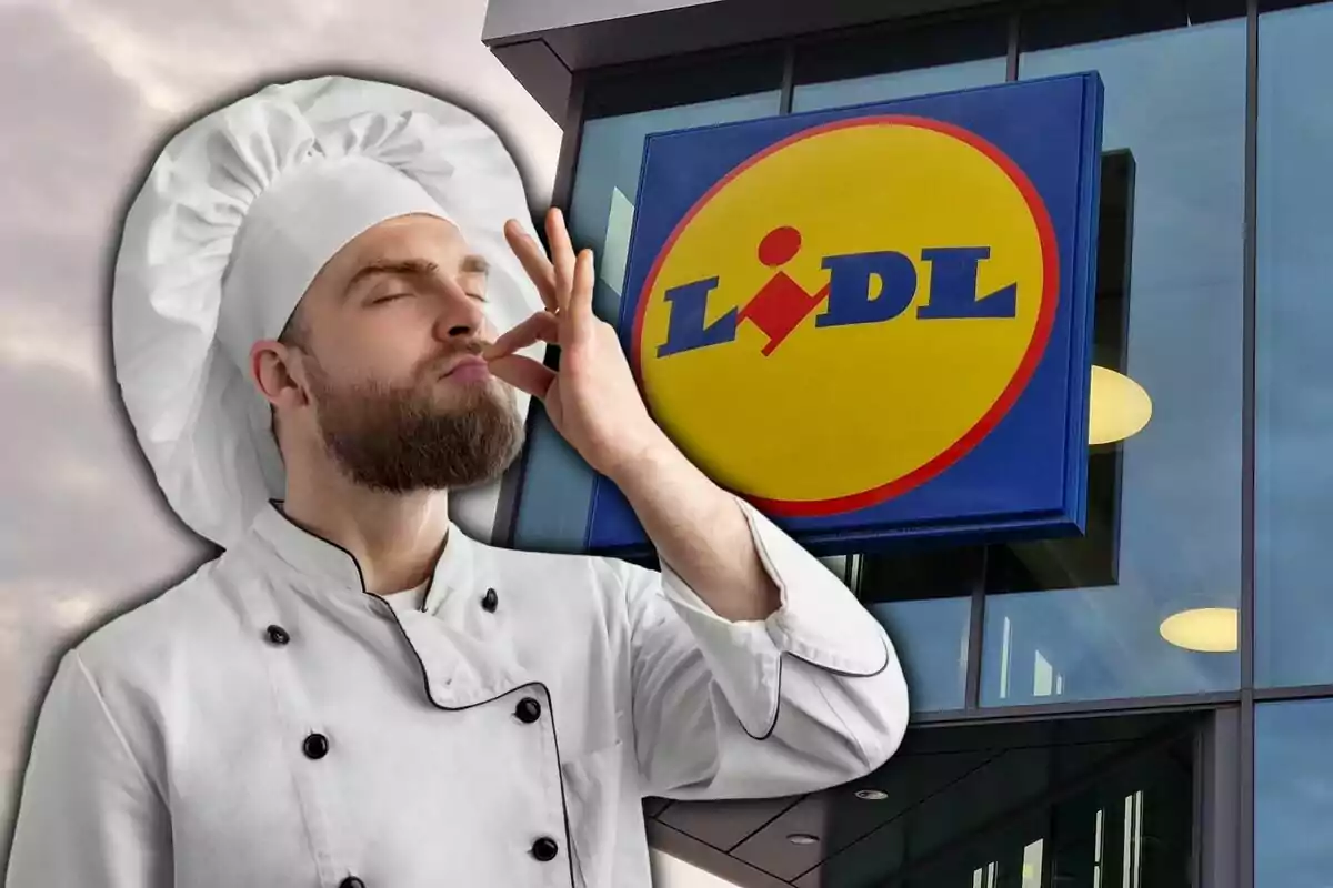 Un chef con uniforme blanco hace un gesto de satisfacción frente a un edificio con el logo de Lidl.