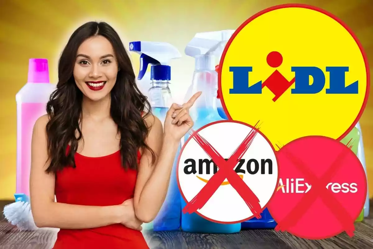 Una mujer sonriente señala hacia el logotipo de una tienda rodeada de productos de limpieza.