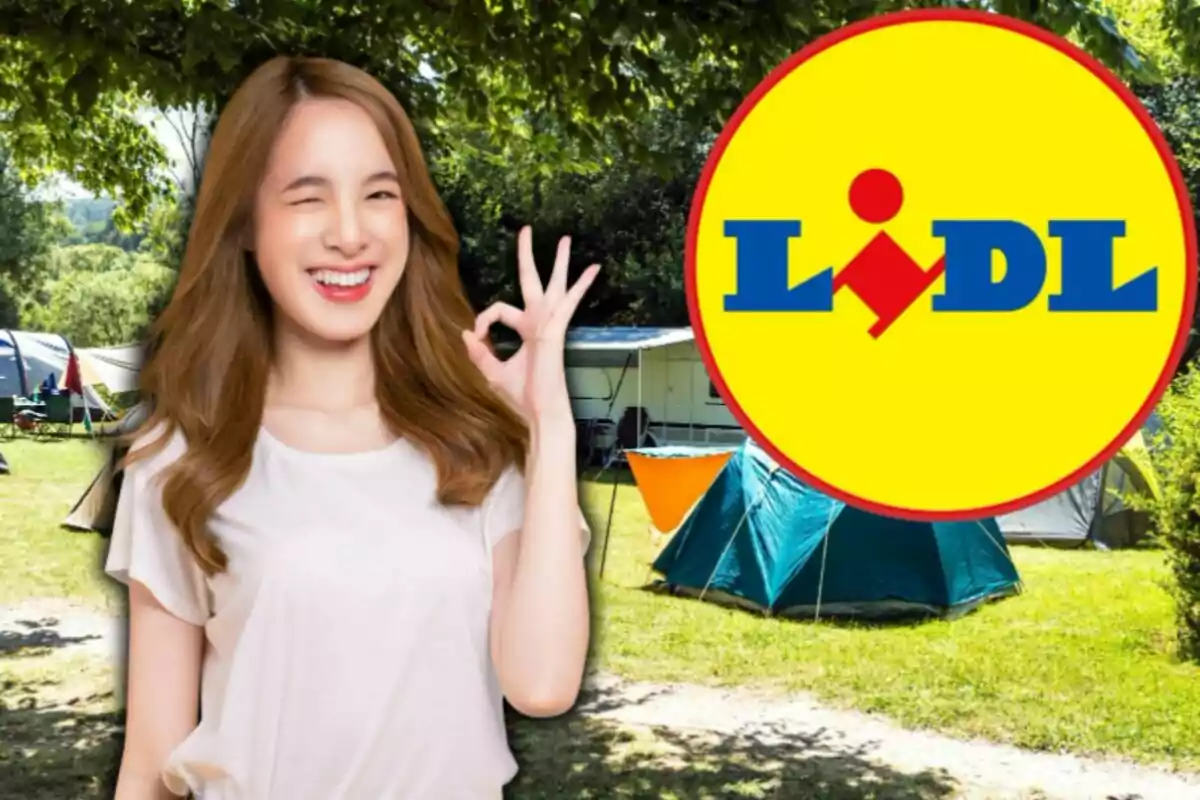 Una persona sonriendo y haciendo un gesto de aprobación con la mano frente a un fondo de campamento con el logo de Lidl.