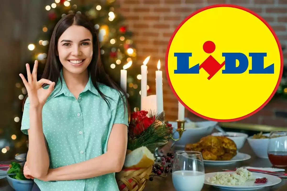 Una mujer sonriente hace un gesto de aprobación con la mano frente a una mesa decorada con comida navideña y velas, junto al logotipo de Lidl.