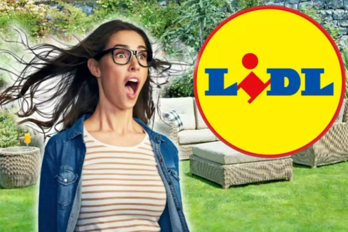 Una mujer con expresión de sorpresa está en un jardín junto al logotipo de Lidl.