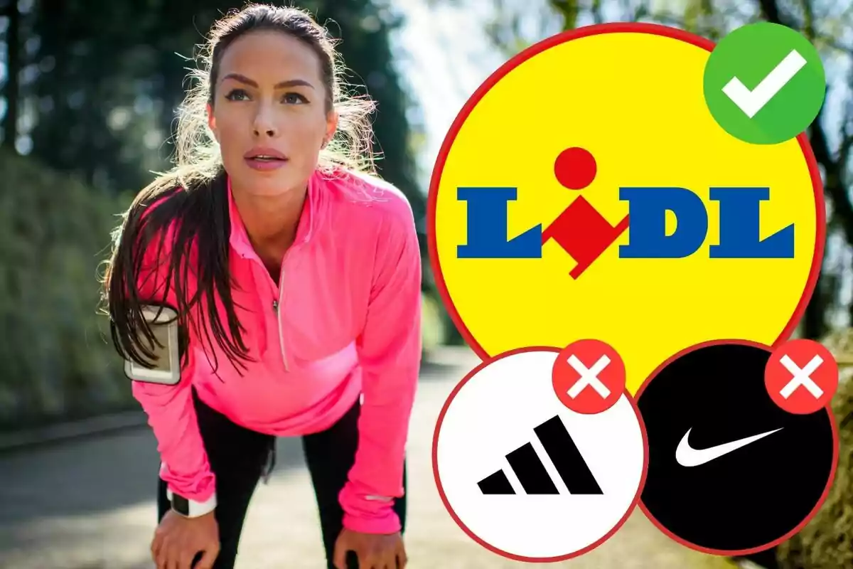Mujer con ropa deportiva rosa brillante, con logos de marcas deportivas y un símbolo de verificación junto al logo de Lidl.