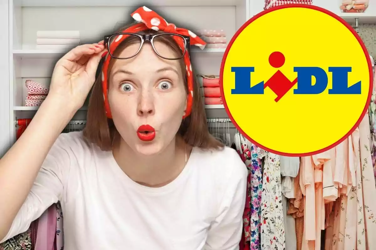 Una mujer con expresión de sorpresa se encuentra frente a un armario lleno de ropa con el logo de Lidl al lado.