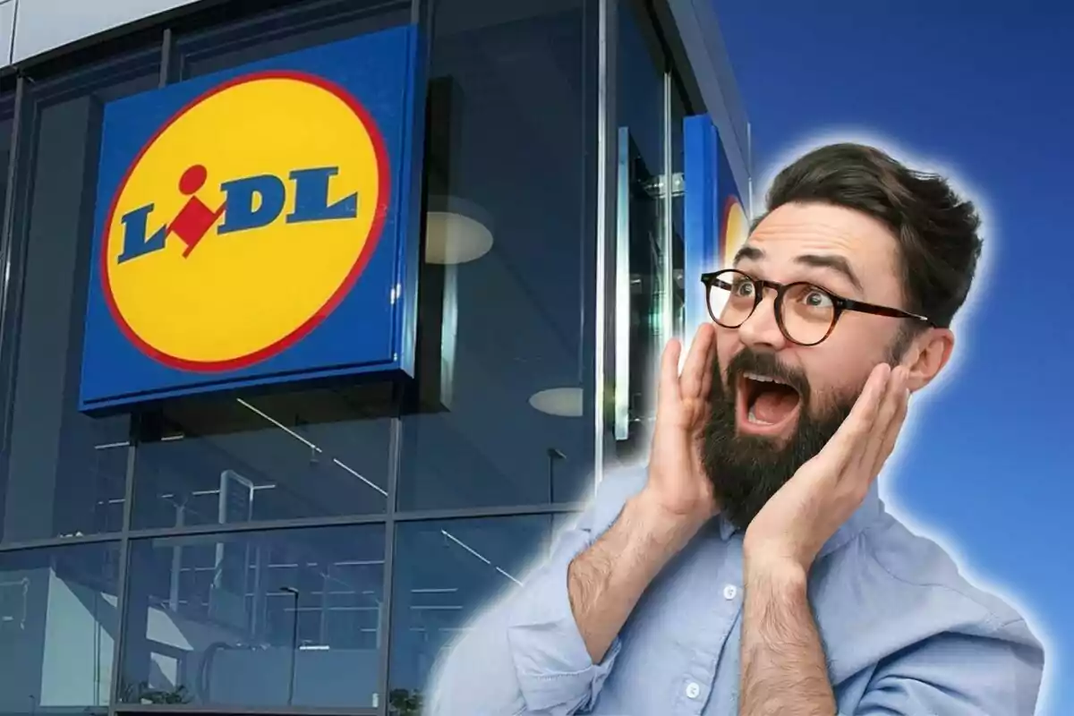 Un hombre con barba y gafas parece sorprendido frente a una tienda Lidl.