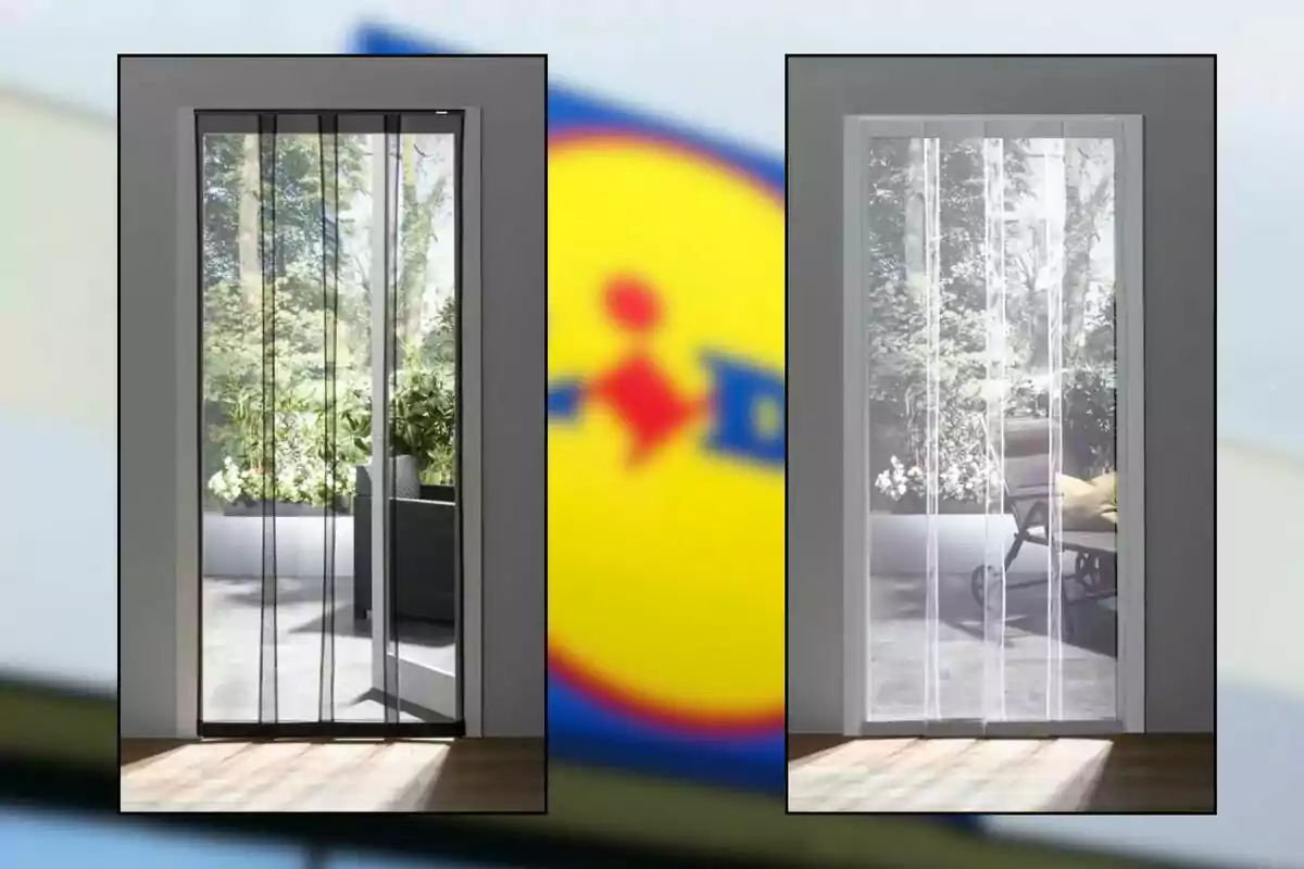 Dos puertas con mosquiteros magnéticos, uno negro y otro blanco, instalados en marcos de puertas con vista a un jardín exterior y un fondo desenfocado con colores amarillo y azul Dos puertas con mosquiteros magnéticos, uno negro y otro blanco, instalados en marcos de puertas con vista a un jardín exterior y un fondo desenfocado con colores amarillo y azul