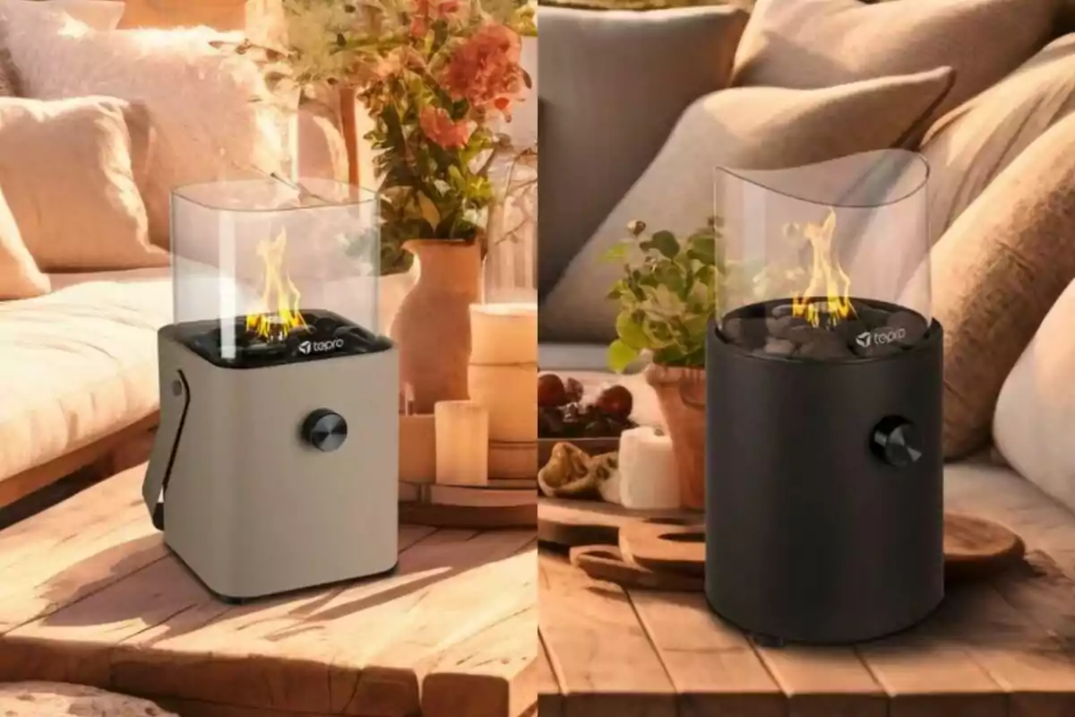 Dos calentadores portátiles de diseño moderno con llamas visibles, colocados en una terraza acogedora con cojines y plantas decorativas. Dos calentadores portátiles de diseño moderno con llamas visibles, colocados en una terraza acogedora con cojines y plantas decorativas.