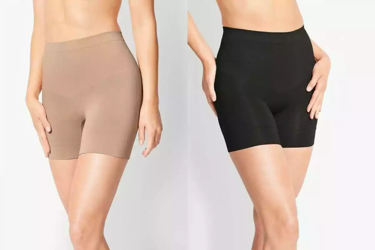 Dos mujeres usando fajas tipo short en colores beige y negro sobre un fondo claro Dos mujeres usando fajas tipo short en colores beige y negro sobre un fondo claro