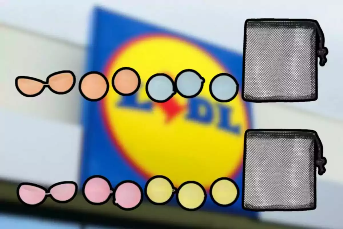 Un conjunto de gafas de sol de diferentes colores y formas junto a dos estuches negros, con un fondo desenfocado de un logotipo de supermercado. Un conjunto de gafas de sol de diferentes colores y formas junto a dos estuches negros, con un fondo desenfocado de un logotipo de supermercado.