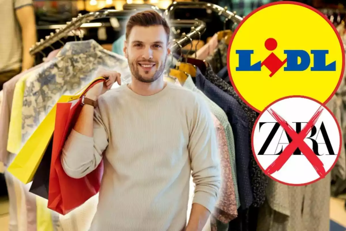 Hombre sonriente con bolsas de compras frente a un perchero de ropa y los logotipos de Lidl y Zara, este último tachado