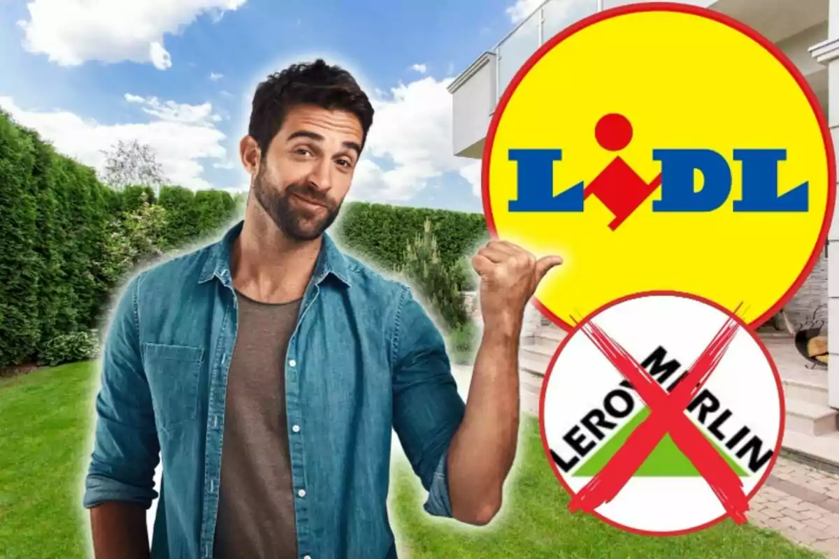 Hombre sonriente en un jardín señalando el logo de Lidl mientras el logo de Leroy Merlin aparece tachado