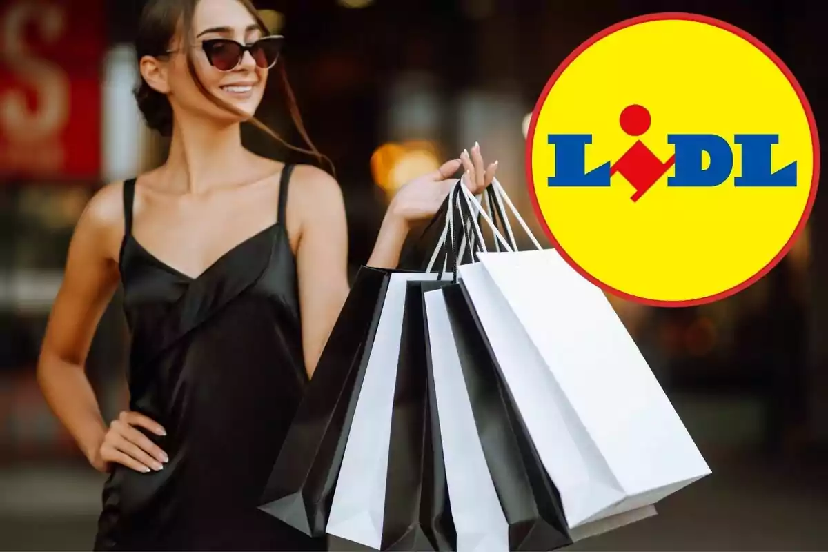 Mujer sonriente con gafas de sol sosteniendo varias bolsas de compras, con el logotipo de Lidl en la esquina superior derecha. Mujer sonriente con gafas de sol sosteniendo varias bolsas de compras, con el logotipo de Lidl en la esquina superior derecha.