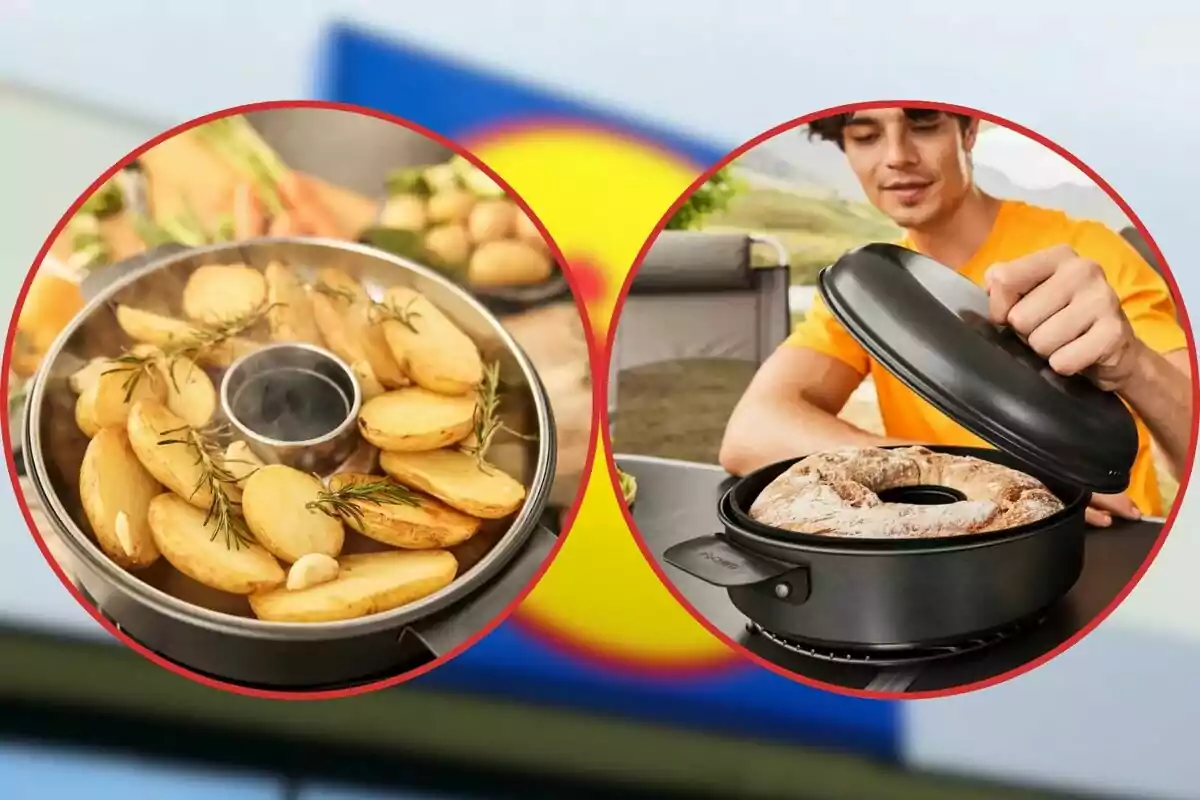 Dos imágenes circulares muestran una olla con papas asadas y romero y a una persona levantando la tapa de una olla con un pan en forma de rosca Dos imágenes circulares muestran una olla con papas asadas y romero y a una persona levantando la tapa de una olla con un pan en forma de rosca