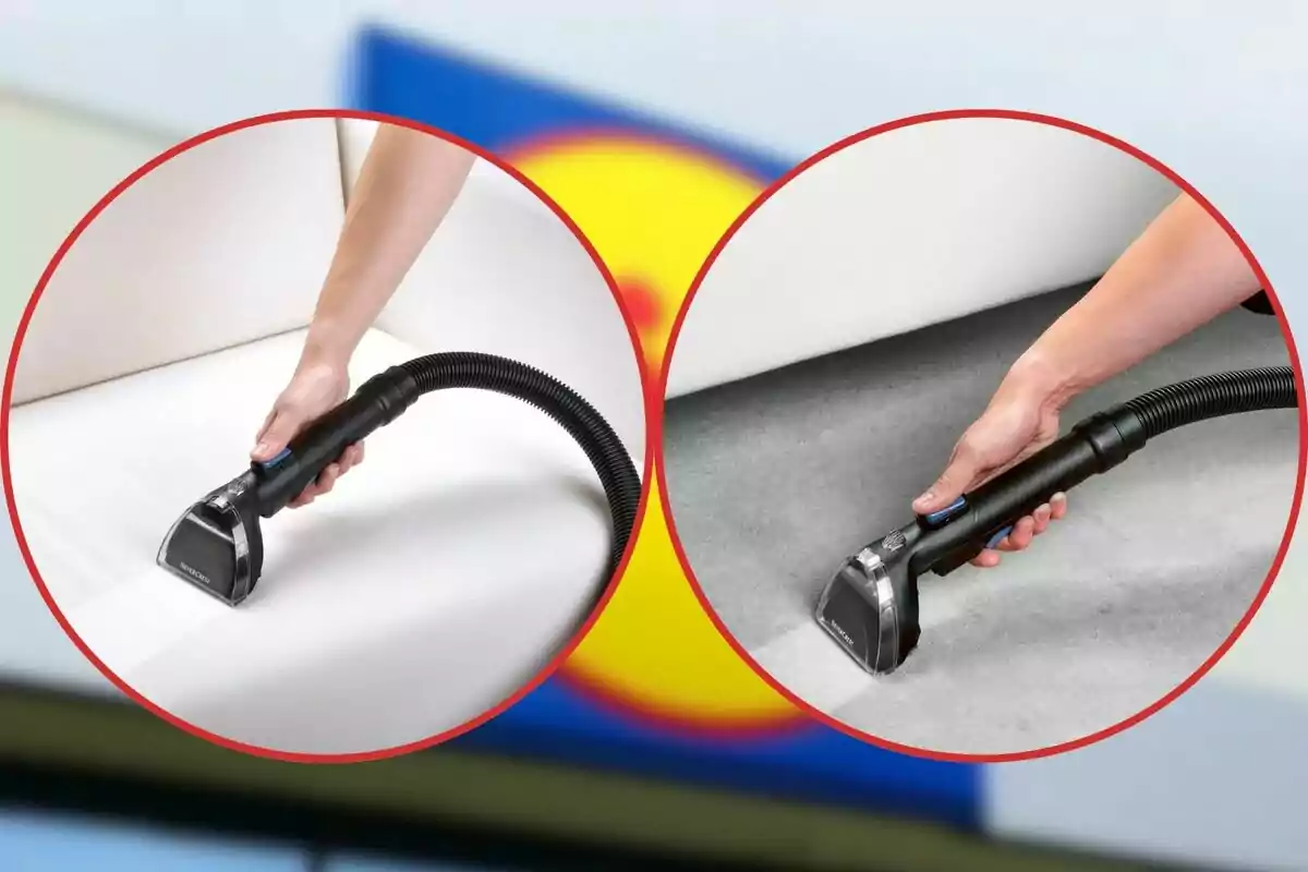 Manos usando una aspiradora portátil para limpiar superficies de tela blanca y gris. Manos usando una aspiradora portátil para limpiar superficies de tela blanca y gris.
