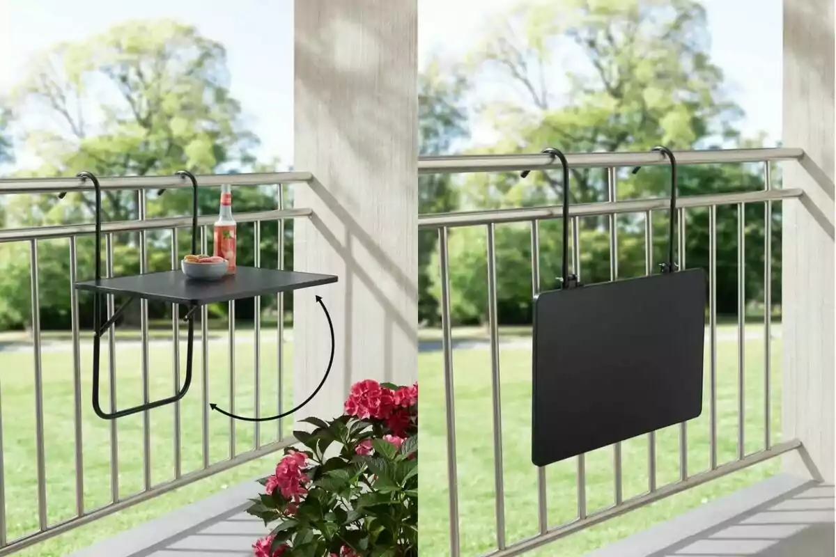 Mesa plegable negra colgada en una barandilla de balcón, con una botella y un tazón encima, rodeada de plantas y un paisaje verde al fondo. Mesa plegable negra colgada en una barandilla de balcón, con una botella y un tazón encima, rodeada de plantas y un paisaje verde al fondo.
