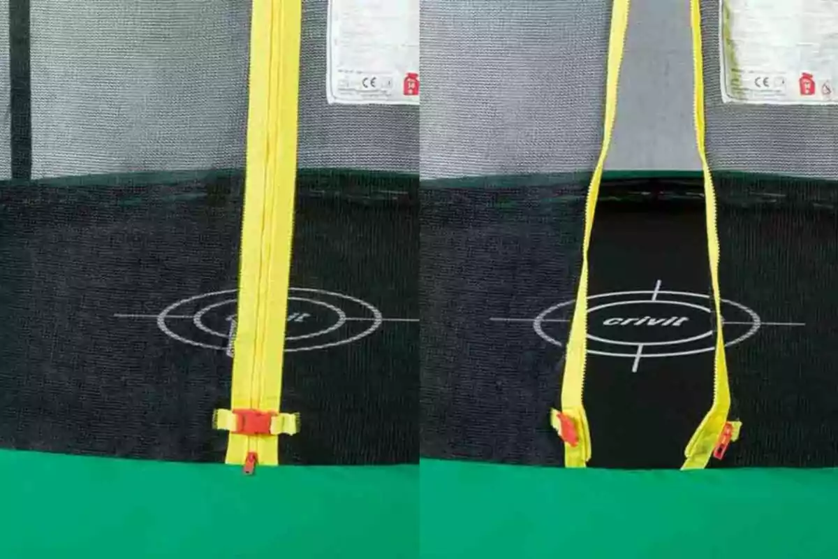 Cierre de seguridad amarillo de una red para trampolín mostrado en dos posiciones una con el cierre cerrado y otra con el cierre abierto Cierre de seguridad amarillo de una red para trampolín mostrado en dos posiciones una con el cierre cerrado y otra con el cierre abierto