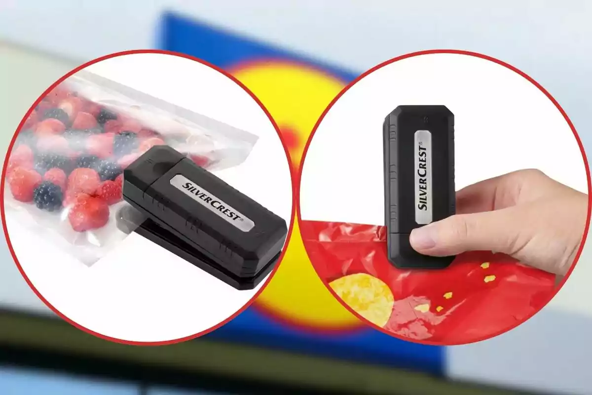 Dispositivo sellador de bolsas de la marca Silvercrest utilizado para cerrar envases de alimentos como frutas y papas fritas Dispositivo sellador de bolsas de la marca Silvercrest utilizado para cerrar envases de alimentos como frutas y papas fritas