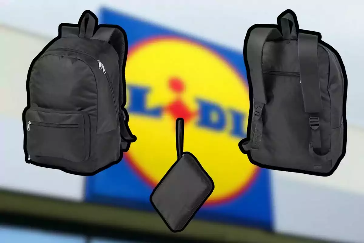 Mochila negra y estuche pequeño frente a un cartel borroso de la tienda Lidl Mochila negra y estuche pequeño frente a un cartel borroso de la tienda Lidl