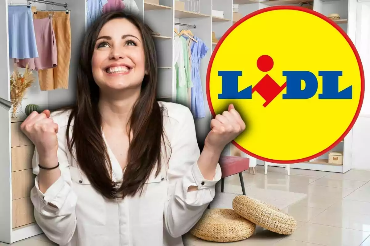 Una mujer sonriente con los puños levantados en señal de celebración está frente a un armario lleno de ropa, junto al logotipo de Lidl.