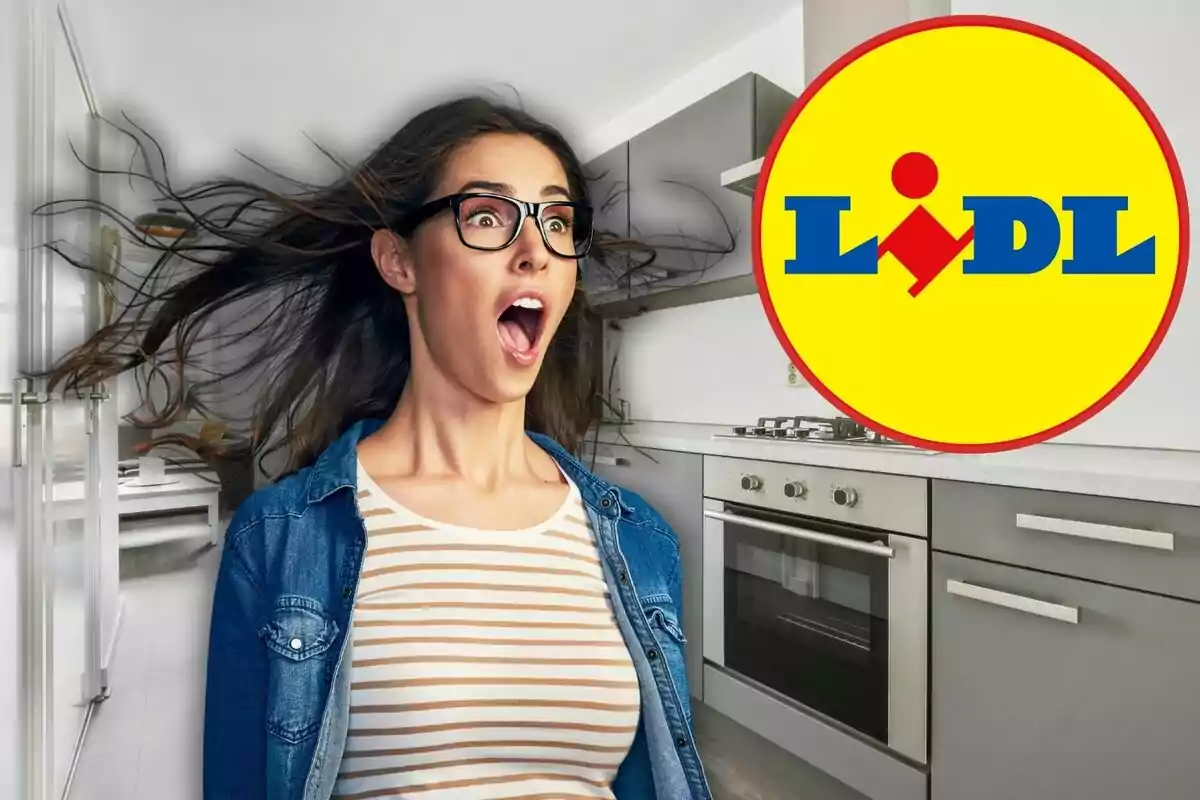 Una mujer con expresión de sorpresa en una cocina moderna junto al logo de Lidl.