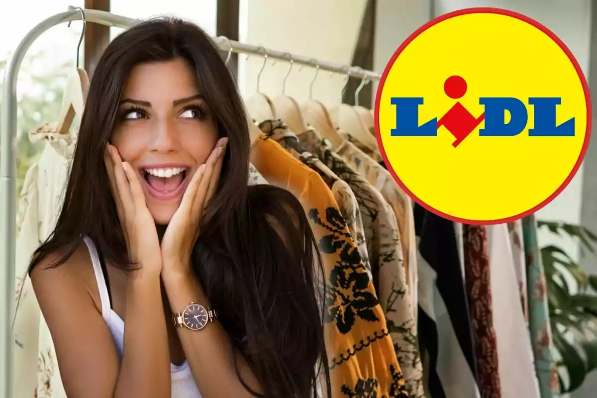 Una mujer sonriente con las manos en las mejillas frente a un perchero de ropa, junto al logo de Lidl.