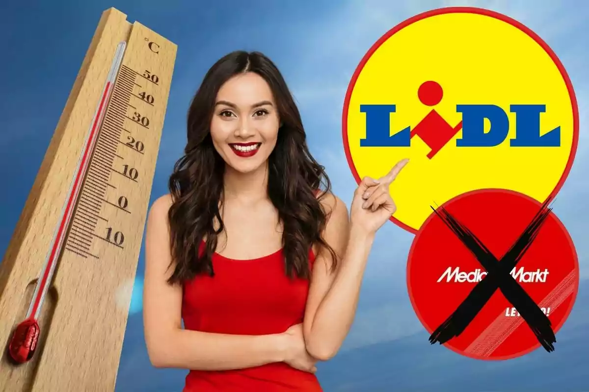 Una mujer sonriente con vestido rojo señala el logo de Lidl mientras un termómetro marca alta temperatura y el logo de MediaMarkt aparece tachado con una X negra