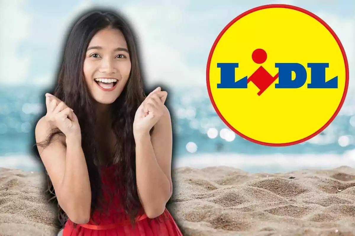 Mujer sonriente con vestido rojo en la playa junto al logo de Lidl sobre un fondo de mar desenfocado
