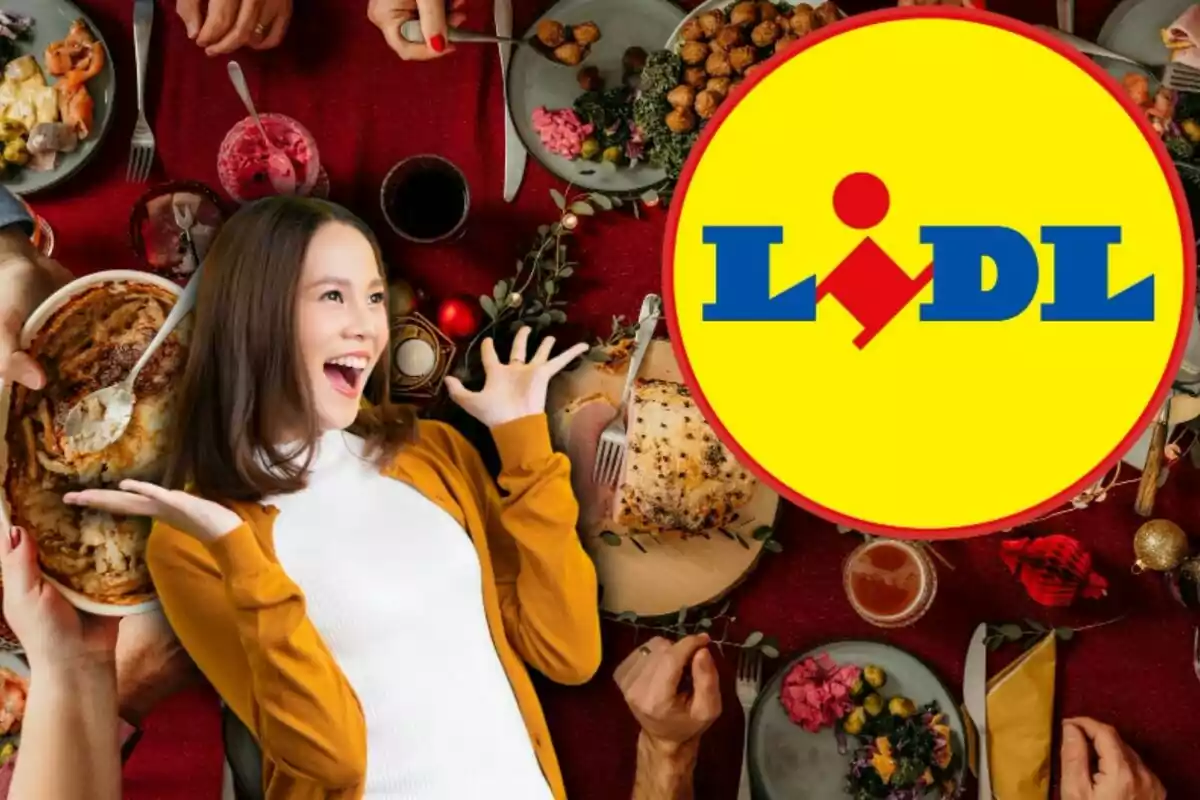 Una mujer sonriente con un suéter amarillo frente a una mesa llena de comida y el logotipo de Lidl en un círculo amarillo.